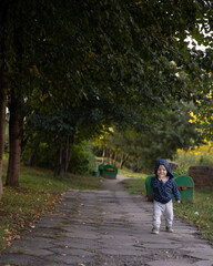 Obraz premium A little boy runs to the camera in the park. a beautiful child walks along the path in the park.