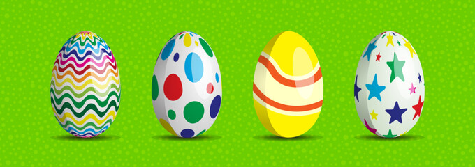 Happy Easter celebration colourful eggs on green background.
