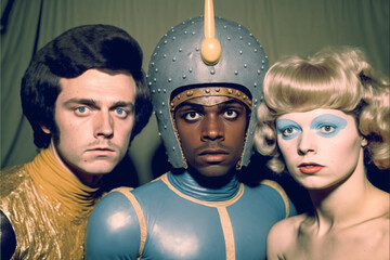 Retro photo of three people in cheap plastic futuristic costumes. Vintage science fiction television show or movie actors created with generative AI. - obrazy, fototapety, plakaty