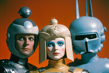 Retro photo of three people in cheap plastic futuristic costumes. Vintage science fiction television show or movie actors created with generative AI.