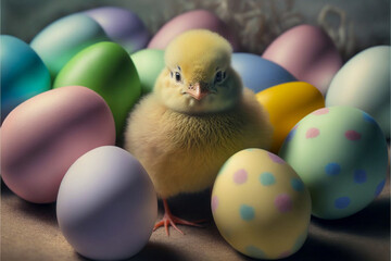 Soft and fluffy cute baby chick surrounded by colorful easter eggs created with generative AI. - obrazy, fototapety, plakaty