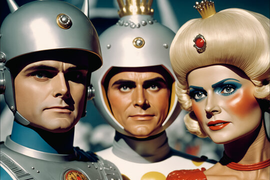 Retro photo of three people in cheap plastic futuristic costumes. Vintage science fiction television show or movie actors created with generative AI.