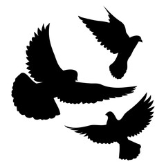 A set of black silhouettes of flying, taking off doves, a symbol of peace and the holiday of the world day of peace, an element for the design of fabric, testille, wallpapers, cards and patterns