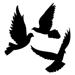 A set of black silhouettes of flying, taking off doves, a symbol of peace and the holiday of the world day of peace, an element for the design of fabric, testille, wallpapers, cards and patterns