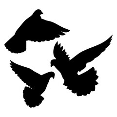 A set of black silhouettes of flying, taking off doves, a symbol of peace and the holiday of the world day of peace, an element for the design of fabric, testille, wallpapers, cards and patterns