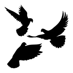 A set of black silhouettes of flying, taking off doves, a symbol of peace and the holiday of the world day of peace, an element for the design of fabric, testille, wallpapers, cards and patterns