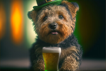 Naklejka premium Dog dressed in St. Patricks clothes drinking a cold beer pint at a pub bar. Created with generative AI.