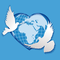 Postcard for World Peace Day, with the image of the sky, a dove, a green branch and a globe of the earth, Africa, Europe and Asia on the background of a heart