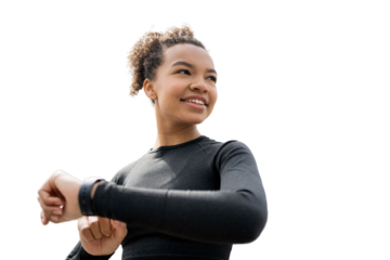 Uses pulse and cardio smartwatch, female trainer, transparent background