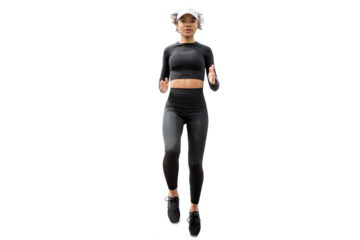 A female running coach is engaged in active fitness training on a transparent background.