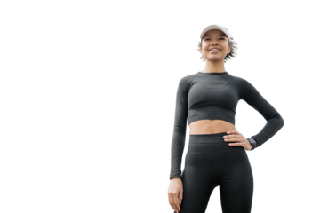 A female running coach is engaged in active fitness training on a transparent background.