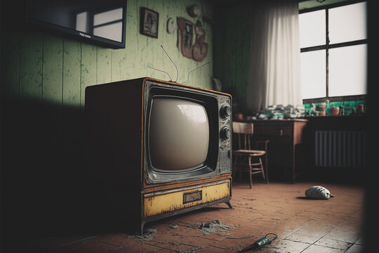 Old vintage antique television set in a dirty cheap apartment owned by a poor person. Created with generative AI.