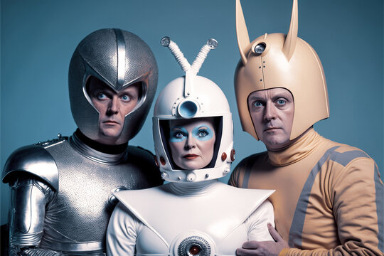 Three science fiction actors in costume on a production set for a retro sci fi television show or movie film. Created with generative AI.