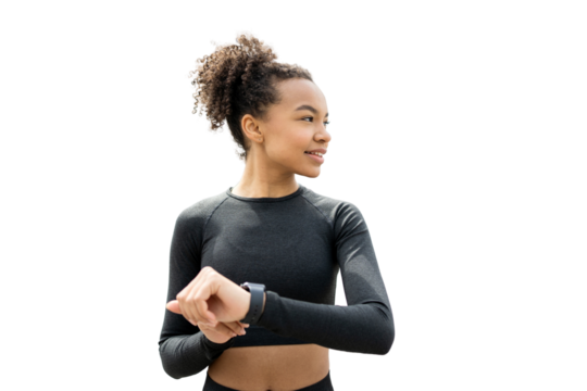 Fitness watch on the arm, pulse and calories. A woman trains on a transparent background