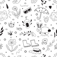 Hand drawn seamless black and white doodle pattern on a spring theme. Line illustration with flowering plants, animals and accessories. Design for textiles and wrapping.