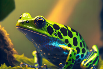Obraz premium Close up of a dendrobates auratus green dart frog closeup of dendrobates auratus green. Generative AI