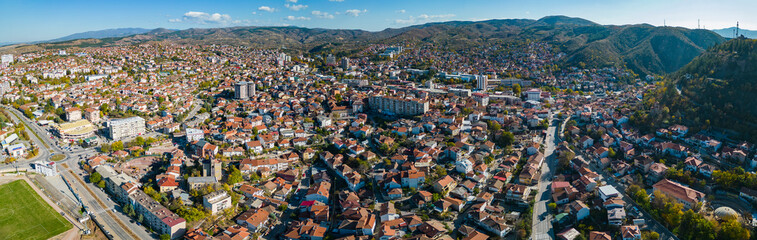 Aerial view of the city Shtip in North Macedonia on a sunny day in autumn.