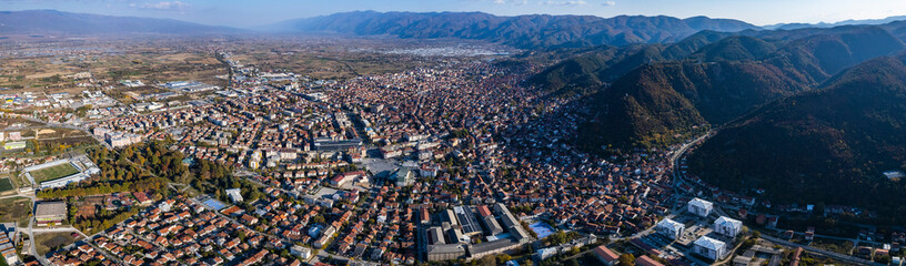 Aerial view around the city Strumica in North Macedonia on a sunny day.