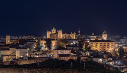 Urban night skyline of the monumental city of Caceres, Extremadura. spain