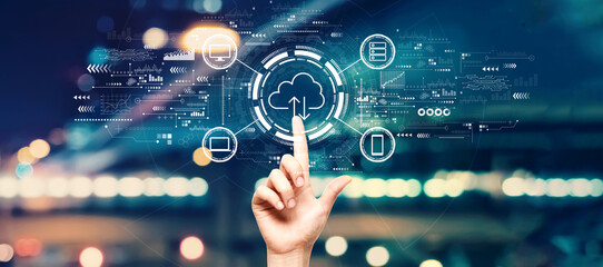 Cloud computing with hand pressing a button on a technology screen