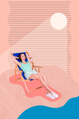 Collage photo postcard of young chilling positive student girl wear bikini shorts lying sunbed...