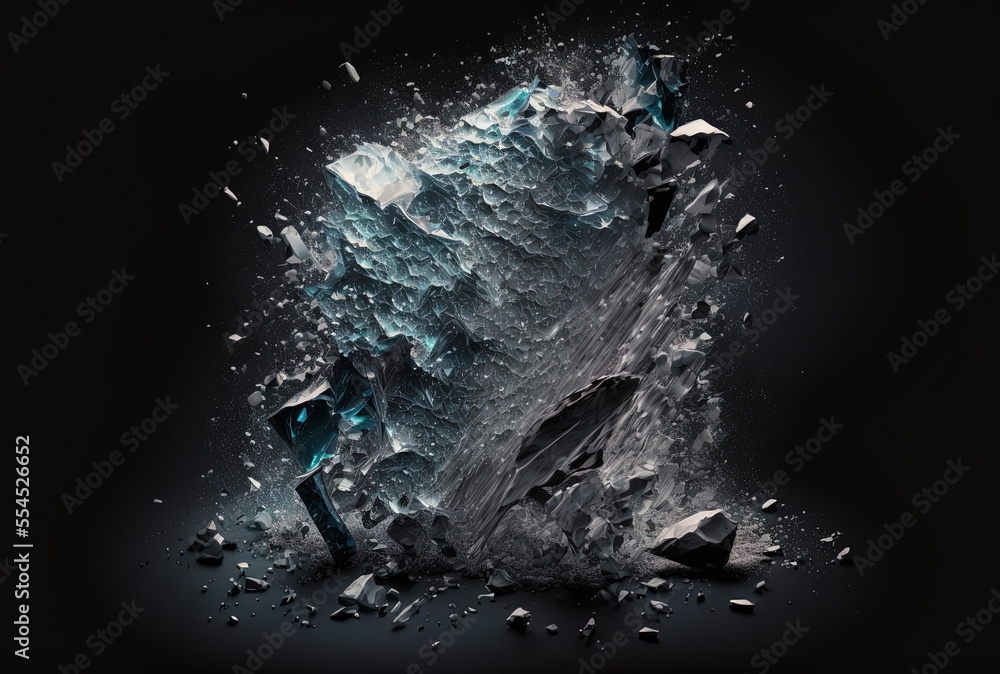 Poster crushed ice on a dark backdrop. spreading smashed ice fragments. generative ai