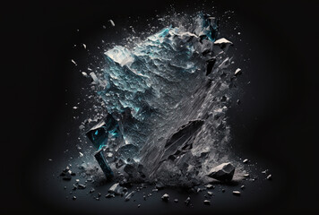 Crushed ice on a dark backdrop. spreading smashed ice fragments. Generative AI