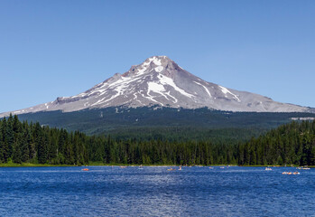 Beautiful wide, summer view of Trillium Lake and Mount Hood, in Oregon, on a beautiful, clear blue sky day.
