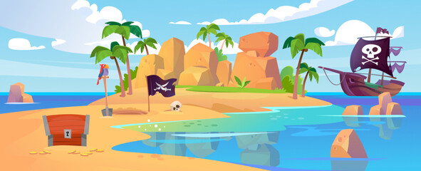 Tropical island in the ocean with palms, a pirate ship and a hidden treasure. Chest with gold coins, a shovel, a parrot and a black flag. Vector game background. Cartoon style vector illustration. © Microstocker.Pro