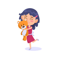 Adorable little girl hugging her teddy bear isolated on white background. Happy kid playing with her Birthday present. Smiling child cuddling a favorite toy. Cartoon style vector illustration.