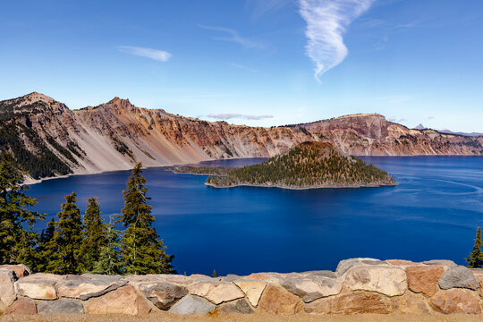 Wide angle view of Crater Lake National Park in Oregon, on a beautiful, blue sky clear day.