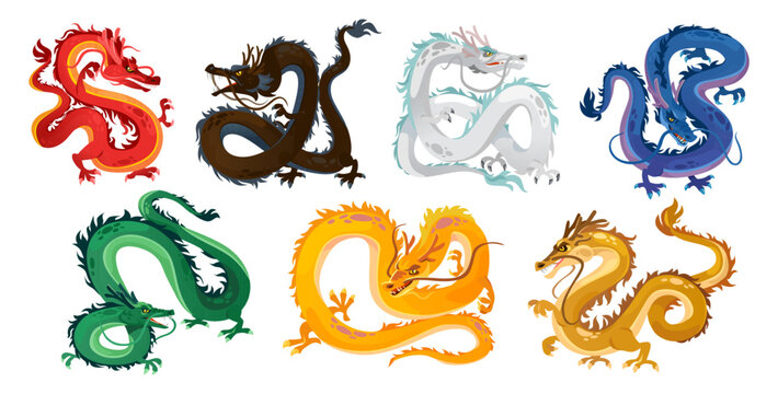 Set of Chinese dragons isolated on white background. Golden, red, green, blue and yellow dragon - traditional Asian mythological symbol. Horoscope sign tattoo design. Cartoon style vector illustration