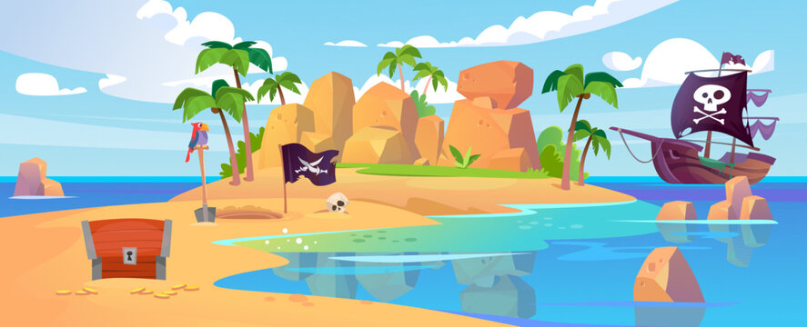 Tropical island in the ocean with palms, a pirate ship and a hidden treasure. Chest with gold coins, a shovel, a parrot and a black flag. Vector game background. Cartoon style vector illustration.