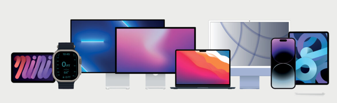 Set of Apple product, Imac, Macbook, Ipad, Iphone and apple watch, vector. Screen mockup. Imac, Macbook, Ipad, Iphone and Apple Watch with blank screen for design