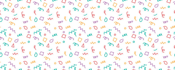 Fun colorful line doodle seamless pattern. Simple childish scribble backdrop. Creative minimalist style art background collection, trendy design with basic shapes.
