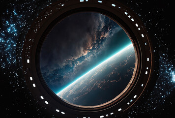 view of the universe from a space station's window. Generative AI