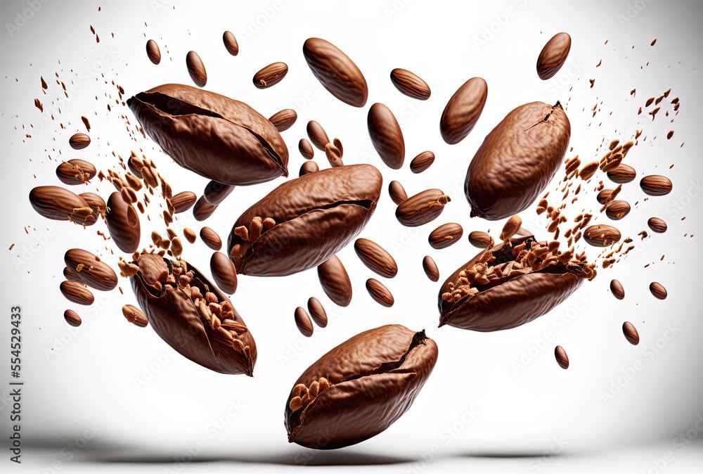 Poster flying cocoa beans in the sky. on a white backdrop, cracked cocoa beans float in midair. picture wit