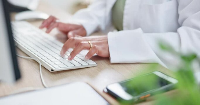 Hands, typing fast and computer keyboard with a business woman at office desk while writing email, report or review using internet. Hand of entrepreneur doing search or research for digital marketing