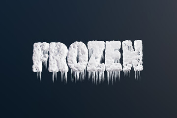Alphabets FROZEN covered with snow, ice and icicles on dark background. Illustration of the concept of blizzard, winter, coldness and snowfall - obrazy, fototapety, plakaty