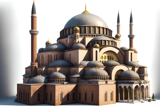 Isolated against a white background is the Hagia Sophia. In Istanbul, Turkey, it was formerly a Greek Orthodox Christian patriarchal cathedral that subsequently served as an imperial mosque before bec