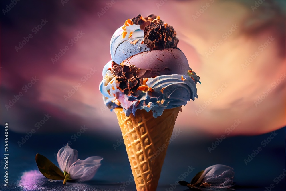 Poster a ice cream cone with a scoop of ice cream on top of it with flowers around it and a sky background.