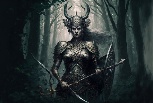She is a valkyrie wearing a horned helmet with a shield and a spear, protector of a sinister knight guarding an old woodland with holy trees, charging into war. Generative AI