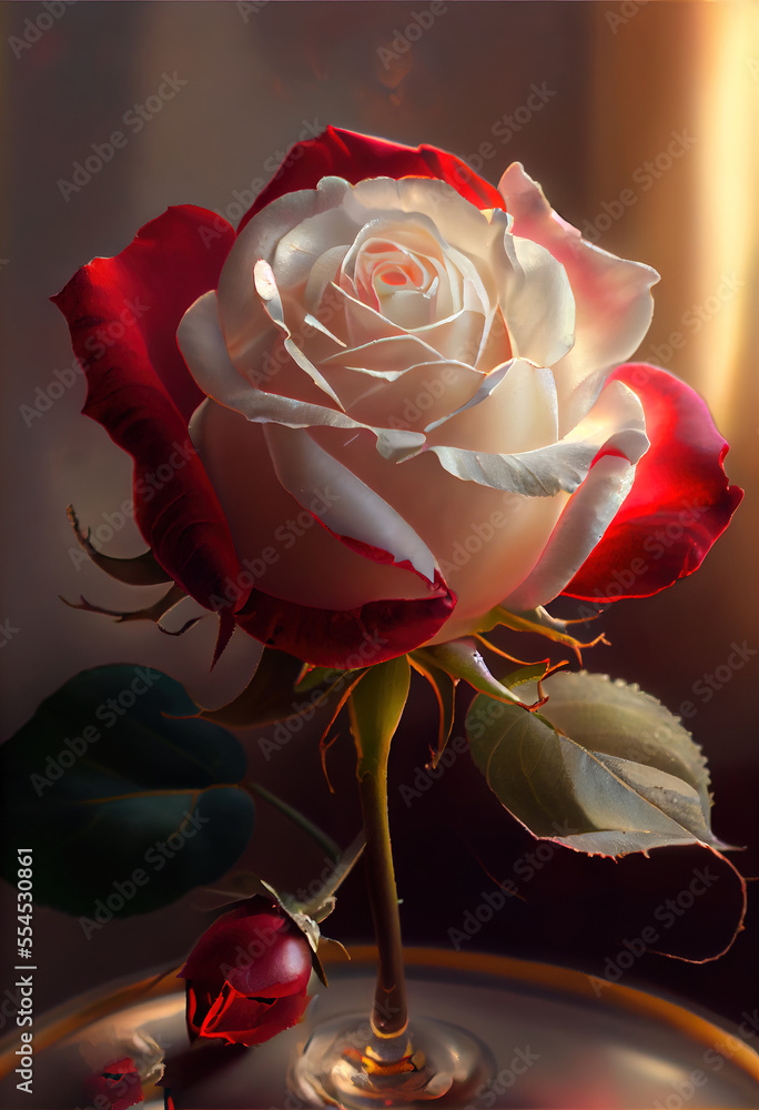 Poster a white rose with a red stem on a table with a red rose on it's stem and a red rose on the table. ge