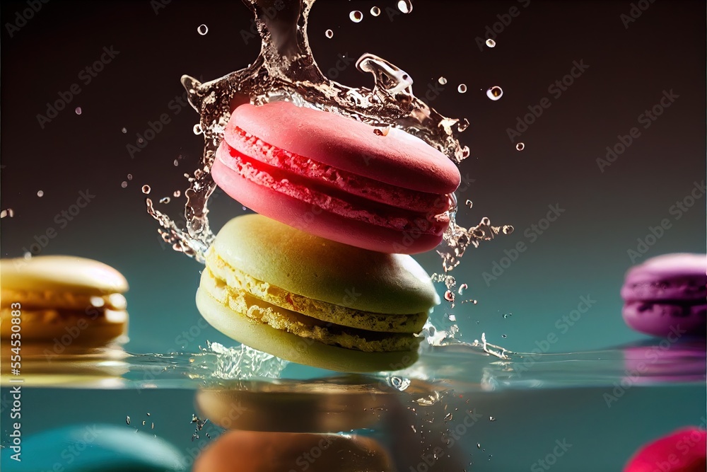 Poster a stack of macaroons with water splashing on them and a splash of water on the top. generative ai