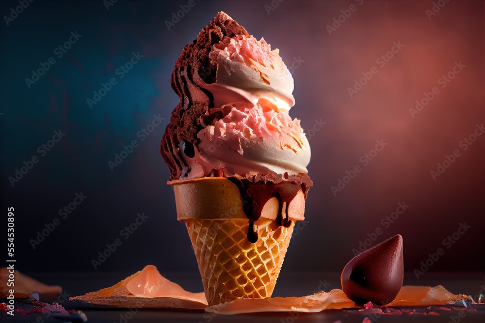 Poster a scoop of ice cream with chocolate and strawberry on top of it and a spoon next to it on a table. g