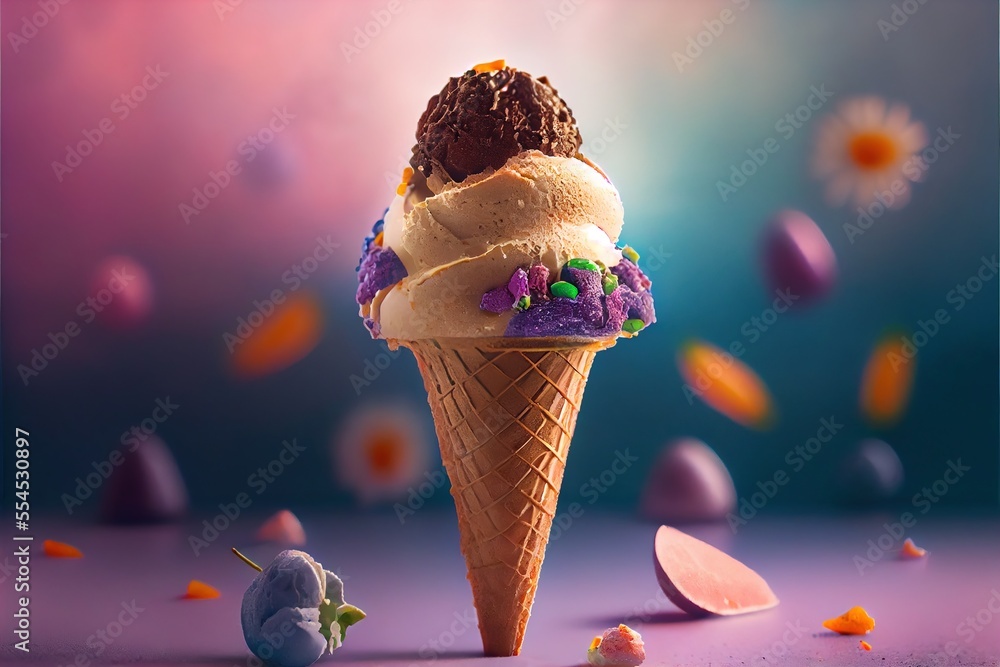 Poster a ice cream cone with a chocolate ice cream cone on top of it and candy candies around it. generativ