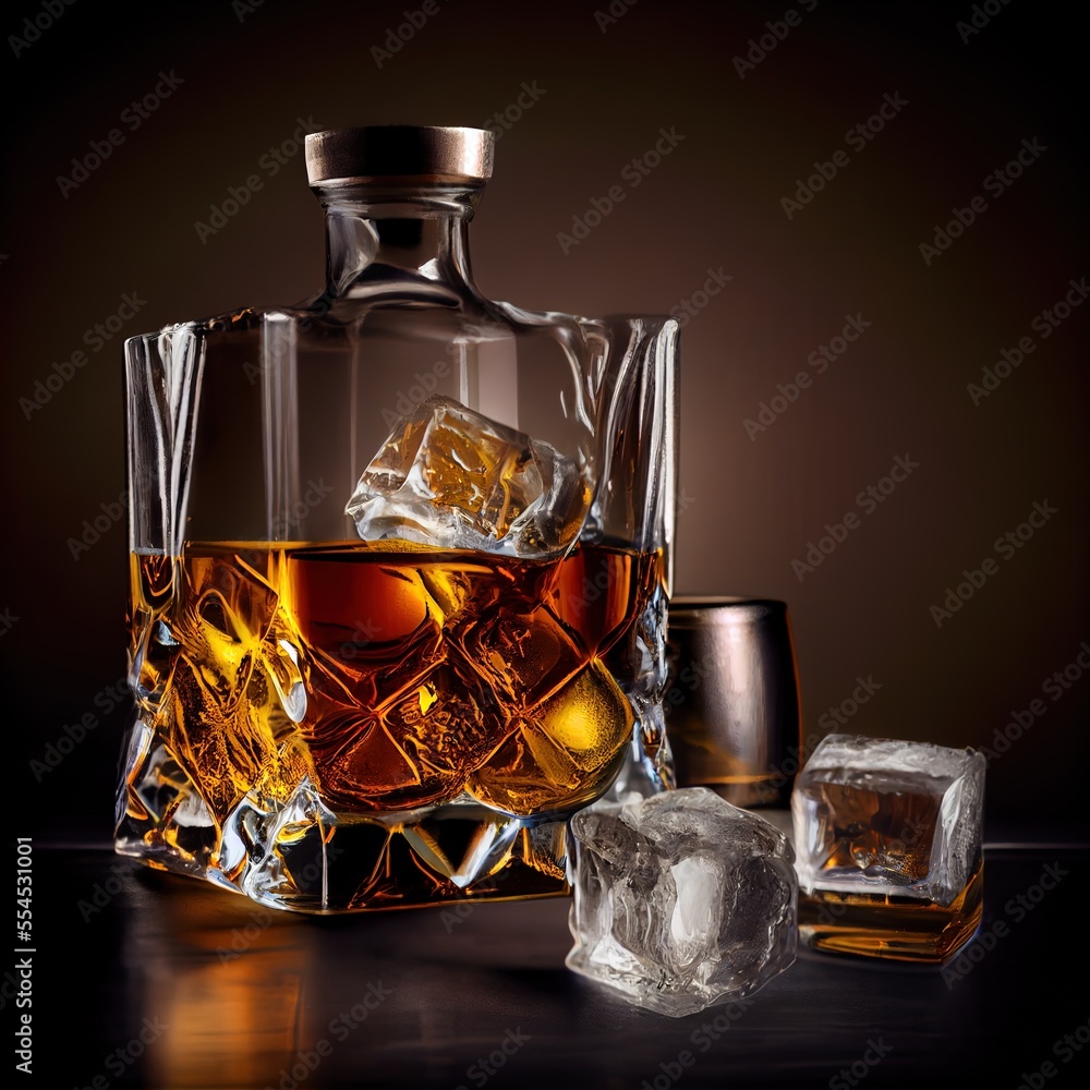 Poster a glass of whiskey with ice cubes on a table with a bottle of whiskey in the background and a glass 