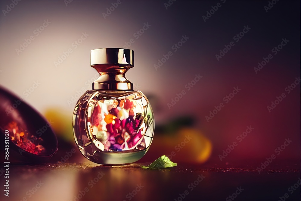 Poster a bottle of perfume with a flower inside of it on a table next to a spoon and a flower. generative a