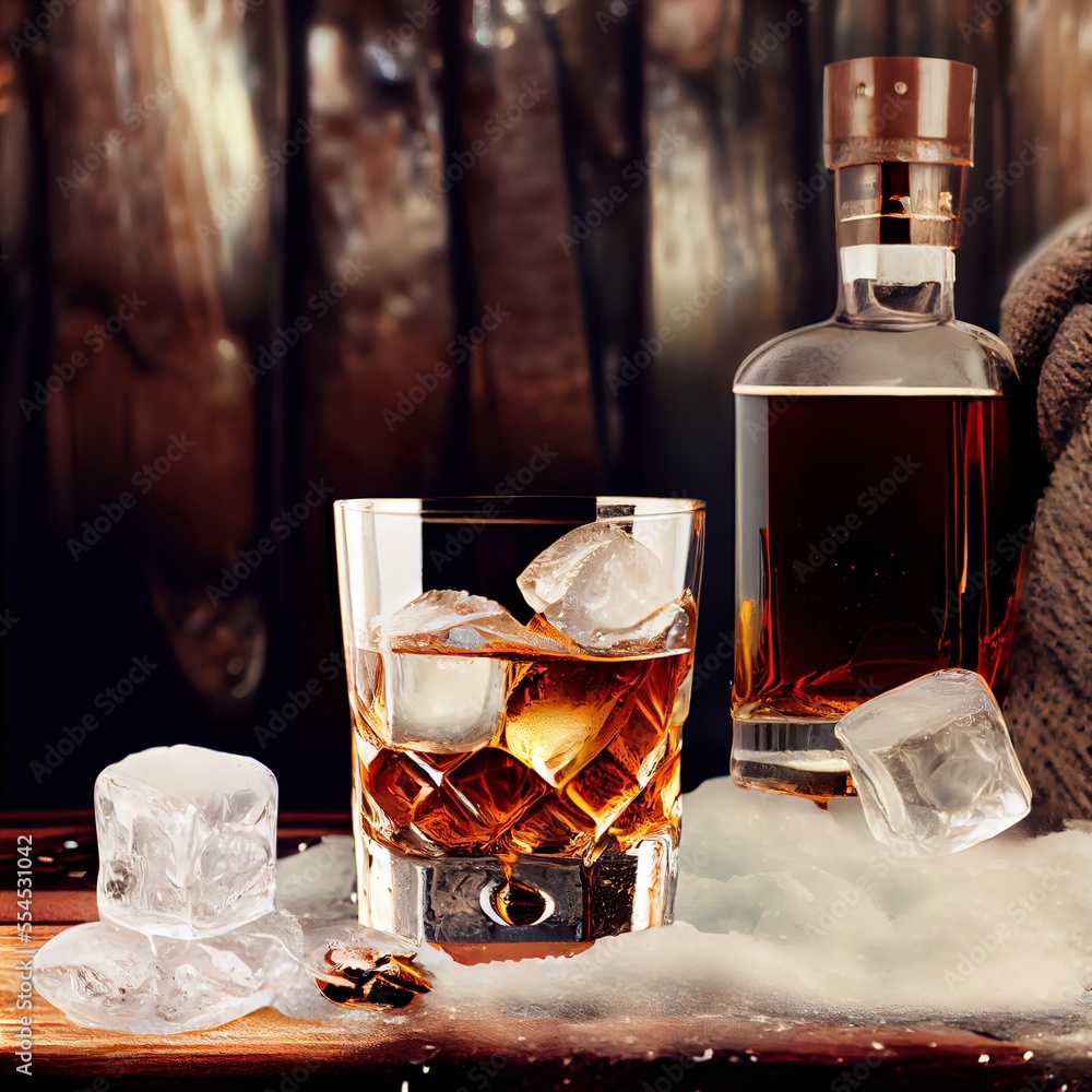 Poster a bottle of whiskey and ice cubes on a table with a sweater on it and a pair of gloves. generative a