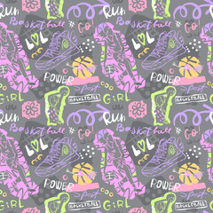Cool bright seamless pattern with basketball players, lettering, doodles. Sports vector background for design of textiles, paper with girls. Sketches, hand drawing, handwritten text.